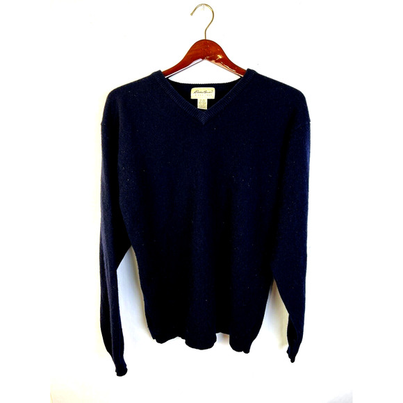 Eddie Bauer Lambswool Sweater Men's Large Navy Classic V Neck Outdoors Wool - Picture 1 of 8